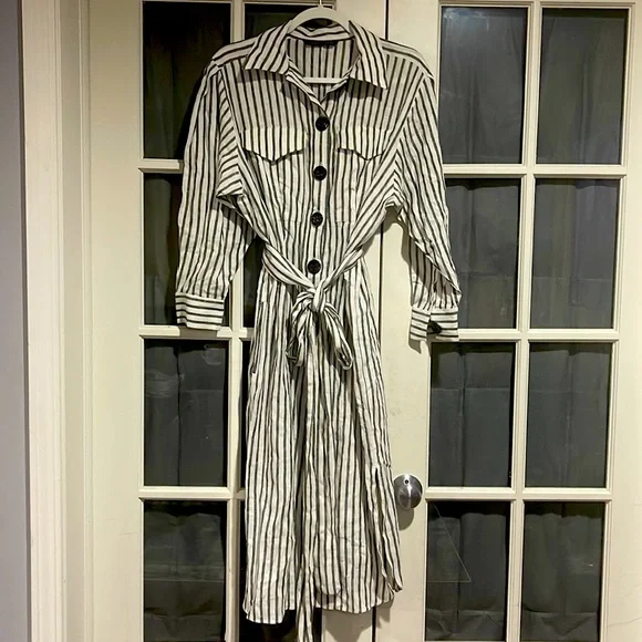Zara Linen Striped Belted Dress